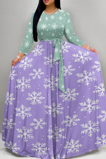Green Purple Casual Print Patchwork Strap Design O Neck Long Dresses