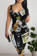 Black Yellow Sexy Geometric Print Animal Print Contrast U Neck Printed Dresses