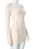 Apricot Sexy Solid Color Hollow Out Patchwork Backless Off Shoulder Wrapped Skirt Dresses