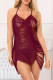 Purple Sexy Solid Color Fringed Trim Hollow Out See-Through Lingerie