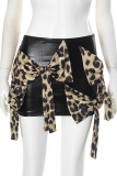 Black Casual Leopard Print Bow Patchwork Regular Patchwork Bottoms