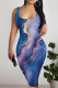 Blue Purple Casual Print Patchwork U Neck Wrapped Skirt Dresses
