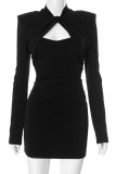Black Casual Solid Color Hollow Out Patchwork O Neck Wrapped Skirt Dresses