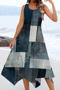 Gray White Casual Print Patchwork U Neck Irregular Dresses