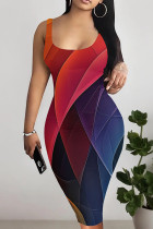 Red Blue Casual Print Patchwork U Neck Wrapped Skirt Dresses