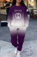 Purple Casual Street Ombre Print Letters Pocket Lace Up Contrast O Neck Long Sleeve Two Pieces