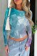 Purple Cyan Casual Print Patchwork O Neck Tops
