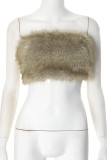 Khaki Sexy Patchwork Fluffy Strapless Tops