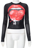 Black Casual Print Patchwork O Neck Tops