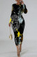 Black Casual Street Figure Print Plaid Gradient Contrast O Neck Printed Dresses
