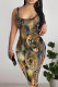 Brown Sexy Geometric Print Animal Print Contrast U Neck Printed Dresses