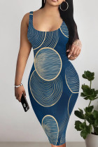 Golden Blue Casual Print Patchwork U Neck Wrapped Skirt Dresses