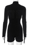 Black Casual Solid Color Fringed Trim Patchwork Slit Zipper Turtleneck Regular Rompers