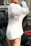 White Casual Solid Color Hollow Out Patchwork O Neck Tops