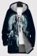 Tibetan Blue Casual Print Pocket Patchwork Zipper Fluffy Hooded Outerwear