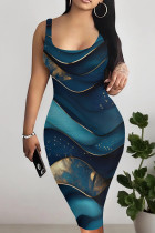Dark Blue Casual Print Patchwork U Neck Wrapped Skirt Dresses