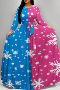Blue Pink Casual Print Patchwork Strap Design O Neck Long Dresses