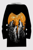 Orange Yellow Casual Print Pocket Patchwork Zipper Fluffy Hooded Outerwear