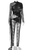 Black Sexy Solid Color Patchwork See-Through Mesh O Neck Skinny Jumpsuits