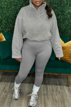 Grey Casual Solid Color Buttons Patchwork Mandarin Collar Long Sleeve Two Pieces