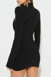 Black Casual Solid Color Hollow Out Patchwork O Neck Wrapped Skirt Dresses