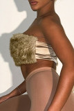 Khaki Sexy Patchwork Fluffy Strapless Tops