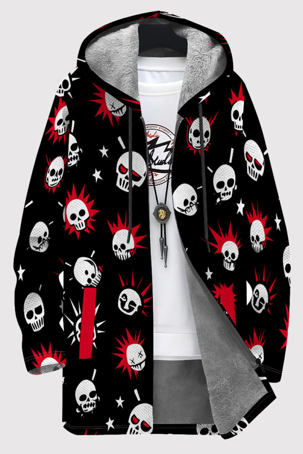 Black Red Casual Print Patchwork Zipper Fluffy Hooded Outerwear