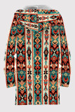 Multicolor Casual Print Patchwork Zipper Fluffy Hooded Outerwear