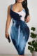 Blue White Casual Print Patchwork U Neck Wrapped Skirt Dresses