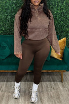 Khaki Casual Solid Color Buttons Patchwork Mandarin Collar Long Sleeve Two Pieces