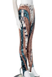 Brown Casual Print Patchwork Skinny Pencil Full Print Bottoms
