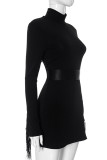 Black Casual Solid Color Fringed Trim Patchwork Slit Zipper Turtleneck Regular Rompers