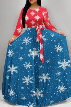 Red Blue Casual Print Patchwork Strap Design O Neck Long Dresses