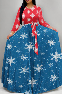 Red Blue Casual Print Patchwork Strap Design O Neck Long Dresses