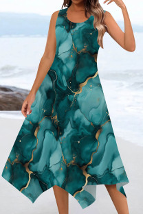 Cyan Casual Print Patchwork U Neck Irregular Dresses