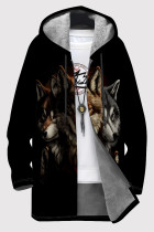 Black Brown Casual Print Pocket Patchwork Zipper Fluffy Hooded Outerwear