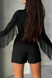 Black Casual Solid Color Fringed Trim Patchwork Slit Zipper Turtleneck Regular Rompers