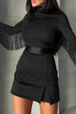 Black Casual Solid Color Fringed Trim Patchwork Slit Zipper Turtleneck Regular Rompers