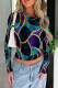Blue Purple Casual Print Patchwork O Neck Tops