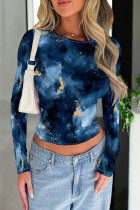 Dark Blue Casual Print Patchwork O Neck Tops