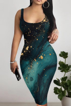 Dark Green Casual Print Patchwork U Neck Wrapped Skirt Dresses