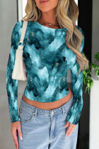 Cyan Casual Print Patchwork O Neck Tops