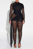 Black Sexy Solid Color Patchwork See-Through Mesh O Neck Skinny Jumpsuits