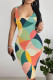 Colour Casual Print Patchwork U Neck Wrapped Skirt Dresses