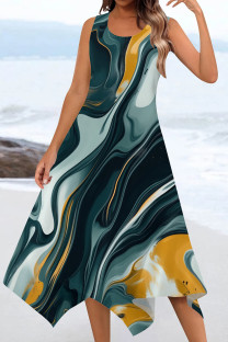 Multicolor Casual Print Patchwork U Neck Irregular Dresses