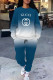 Blue Casual Street Ombre Print Letters Pocket Lace Up Contrast O Neck Long Sleeve Two Pieces