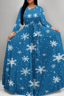 Blue Casual Print Patchwork Strap Design O Neck Long Dresses