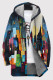 Multicolor Casual Print Pocket Patchwork Zipper Fluffy Hooded Outerwear