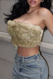 Khaki Sexy Patchwork Fluffy Strapless Tops