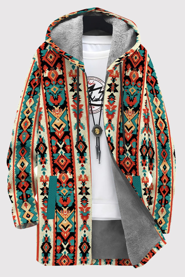 Orange Casual Print Patchwork Zipper Fluffy Hooded Outerwear